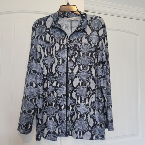Chico's Stretch -Sz 2 Animal Print Snake Reptile Zip Active Jacket no belt Grey - Picture 1 of 10